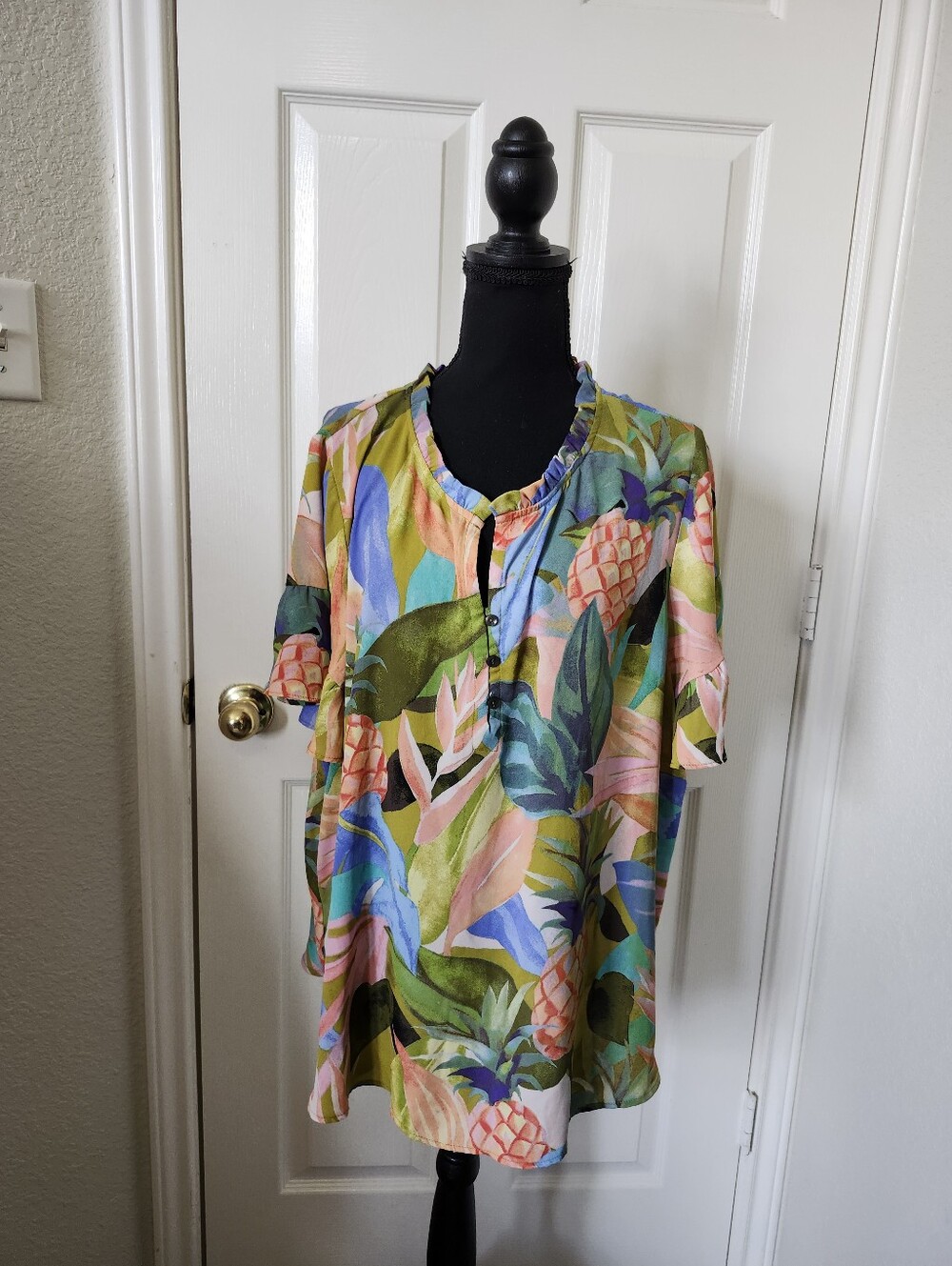 Cynthia Rowley Tropical Print Short Sleeve Blouse - Multicolor 2x
